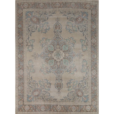 Traditional Tabriz Persian Rug Handmade Oriental Beige Wool Carpet - 8'11"x 11'3"