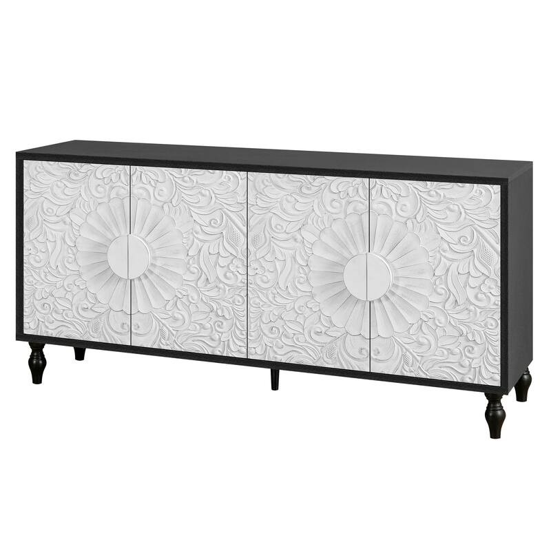 Carved Doors Storage Cabinet Buffet Sideboard Console Table, Black White