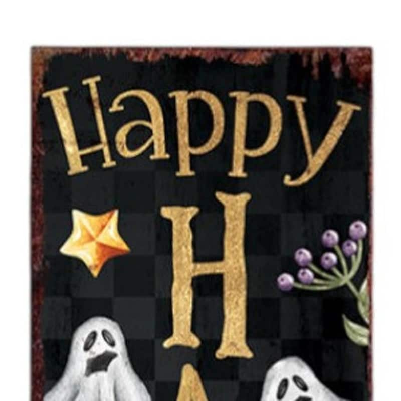HomeRoots 36" Black Gold Orange And Purple Solid Wood Happy Halloween Ghost Porch Sign