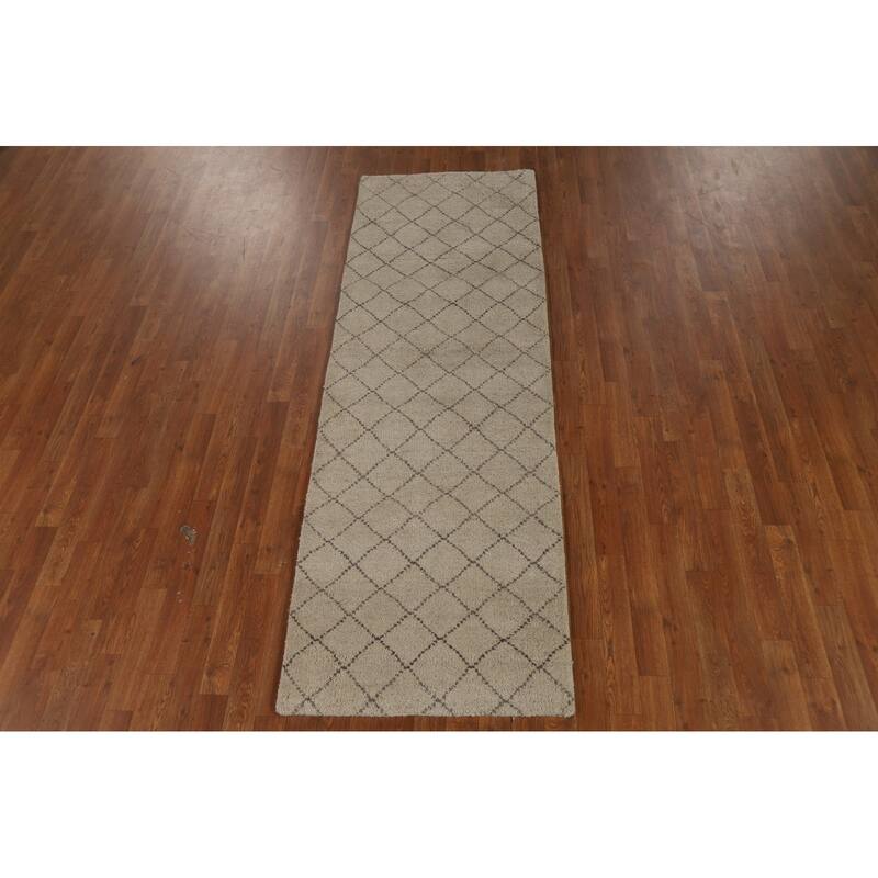 Beige Trellis Moroccan Oriental Runner Rug Handmade Wool Carpet - 2'7" x 7'9"