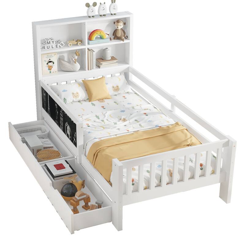 Twin Platform Bed with Chalkboard,Solid Wood Platform Bed with Storage Drawers and Shelves,Space-saving Design