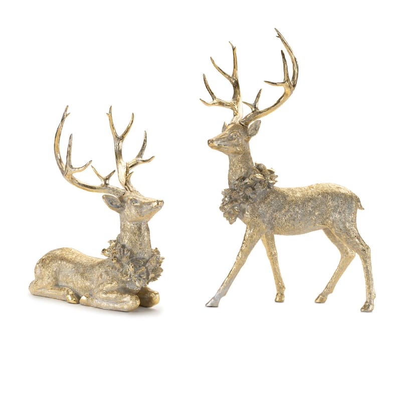 Festive Deer Figurines Set of 2 with Holly Wreaths for Christmas Display - Gold-Grey