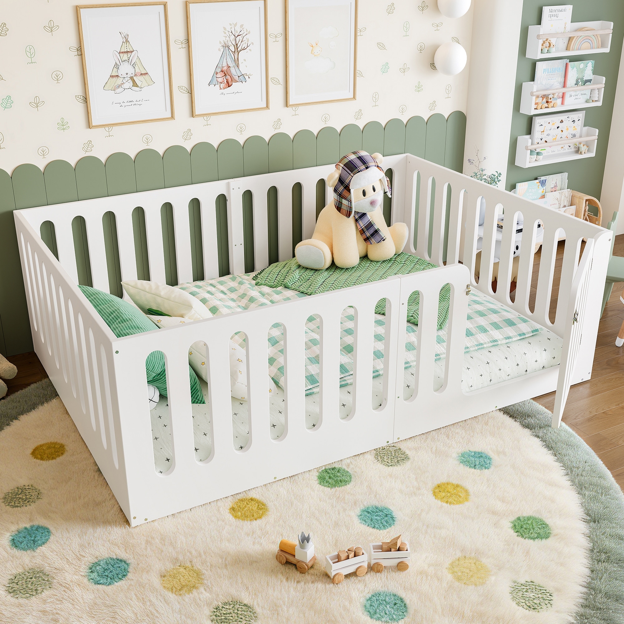 Full Size Floor Bed with High Fence for Kids, Solid Wood Kids Montessori Bed with Door, No Box Spring Needed Design