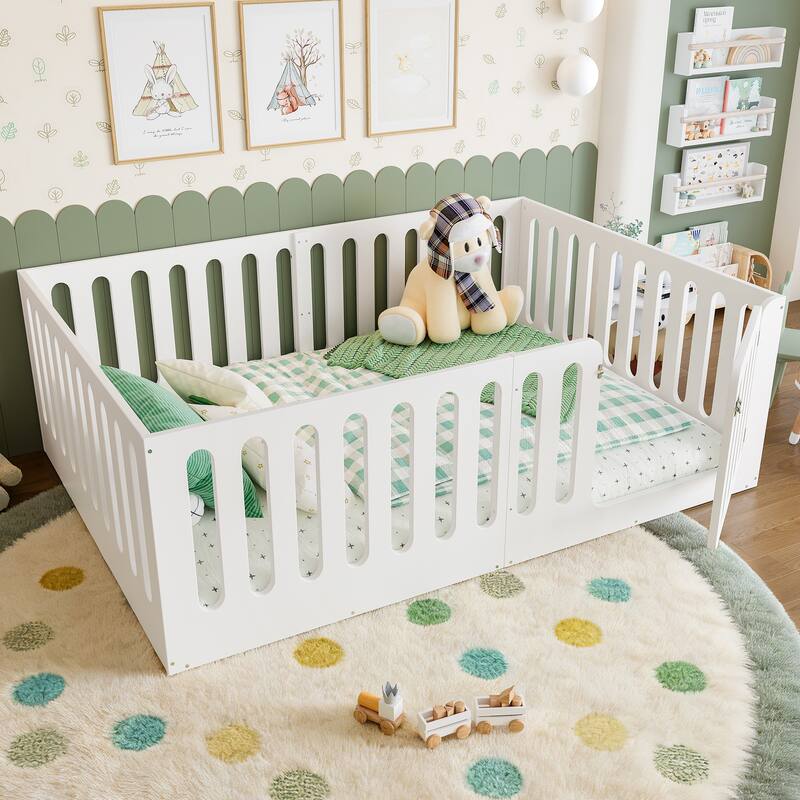 Toddlers Montessori Floor Bed with High Fence, Door, Low Profile Platform Bed Frame for Kids with No Box Spring Needed, No Slats