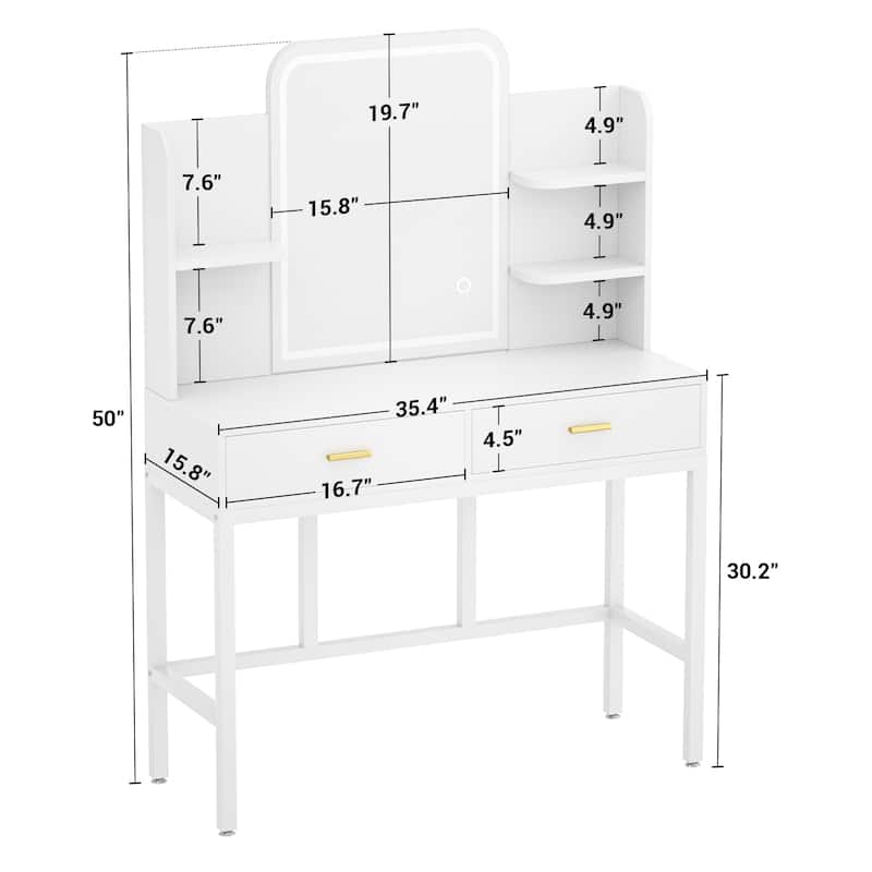Vanity Table with LED Mirror, Kid's Makeup Vanity Desk with 2 Storage Drawers