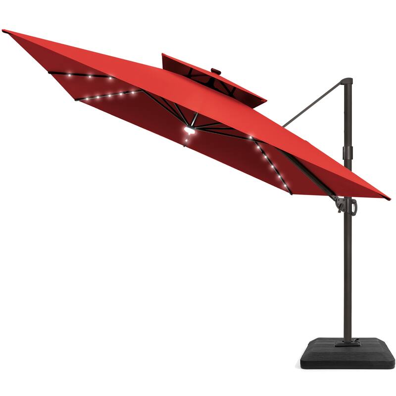 11 FT Square Outdoor Patio Cantilever Umbrella with Solar Lights 4-Piece Premium Base Double Canopy 360 Rotation Tilt