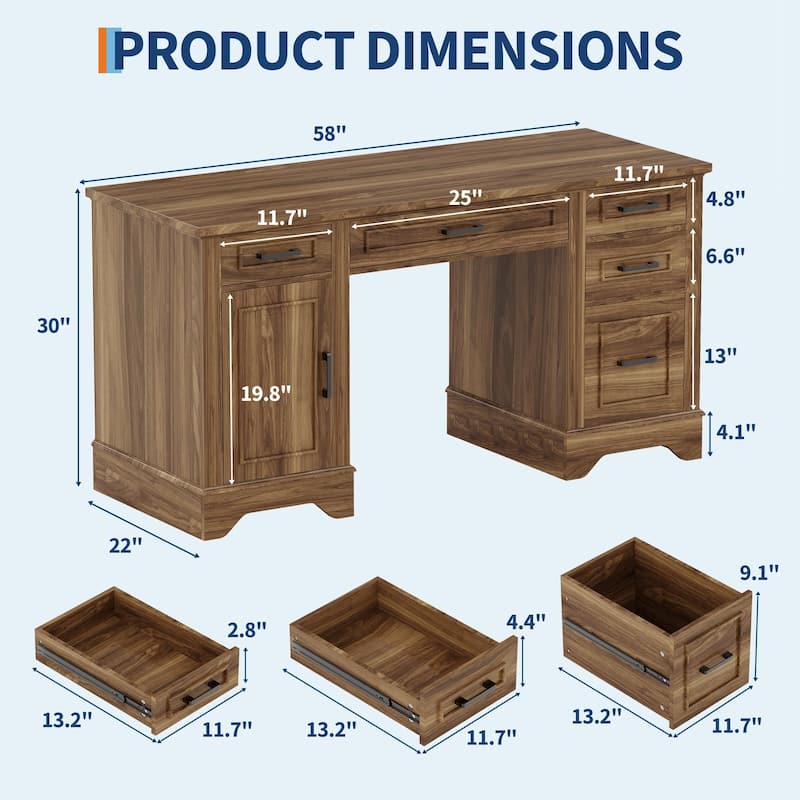 58 Inch Large Home Office Desk, Farmhouse Executive Desk with 5 Drawers & Cabinet, Modern Minimalist Wood Writing Table