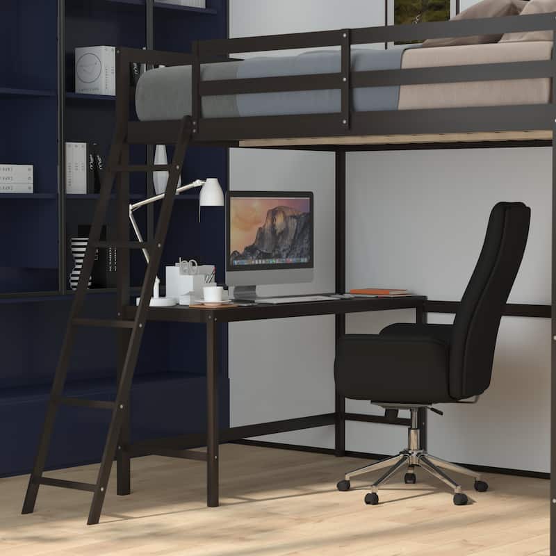 Traditional Wood Slat Loft Bed with Integrated Desk & Ladder