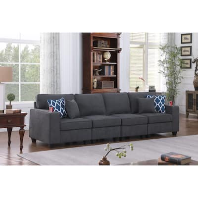 Woven Upholstered 4-Seater Sofa with 2 Cupholder in Stone Gray