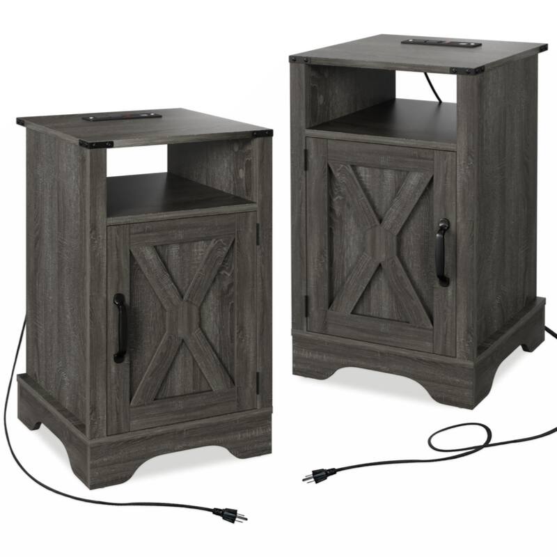 Farmhouse Nightstand Side Table,Tall Bedside Table with Electrical Outlets Charging Station(2 Sets) - Dark Gray