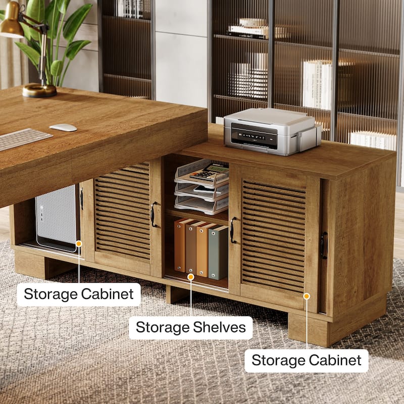 L Shaped Executive Desk with Storage Cabinets and 2-Tier Shelf