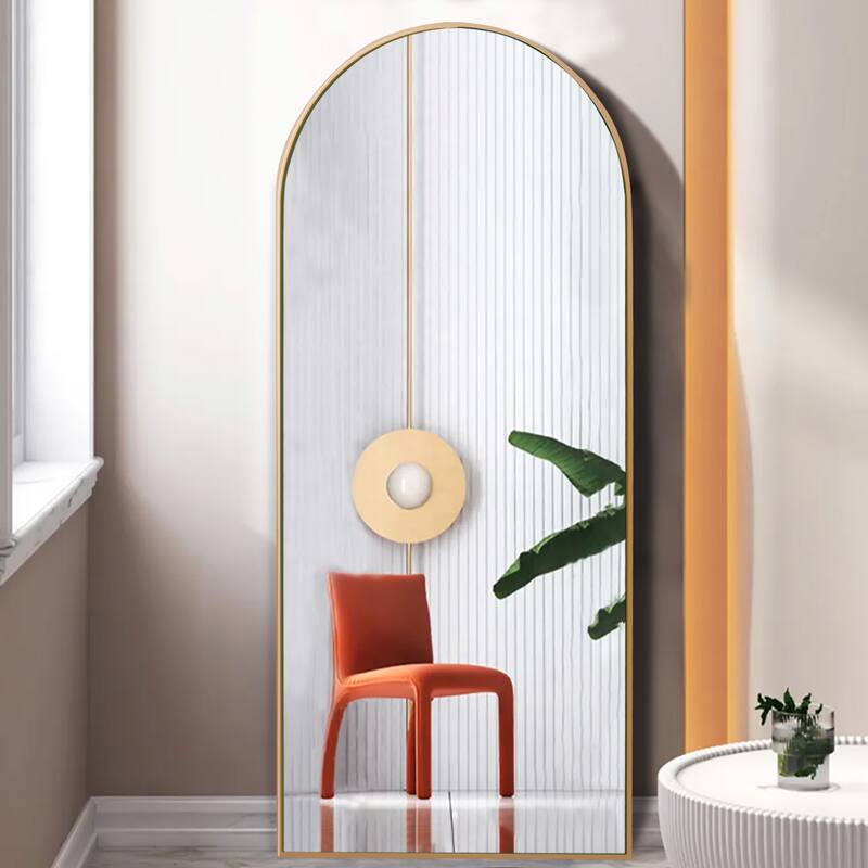 Modern Glam Arched-Top Full Length Floor Mirror Wood Frame with Stand - 65"x22" - Gold
