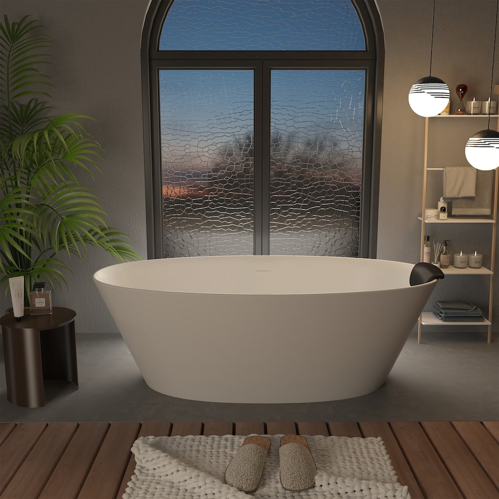 CASAINC 67" Resin Stone Solid Surface Soaking Stand Alone Bathtub Freestanding Bathtub in Matte White - 67 inch