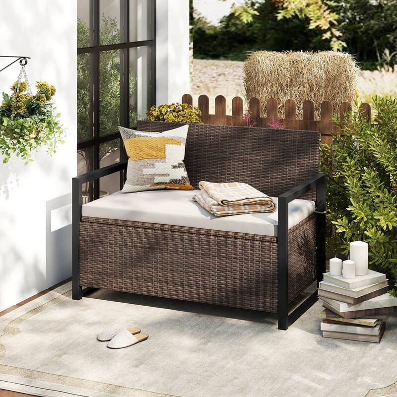 Costway Patio Storage Bench Wicker Loveseat with Built-in Storage & - See Details