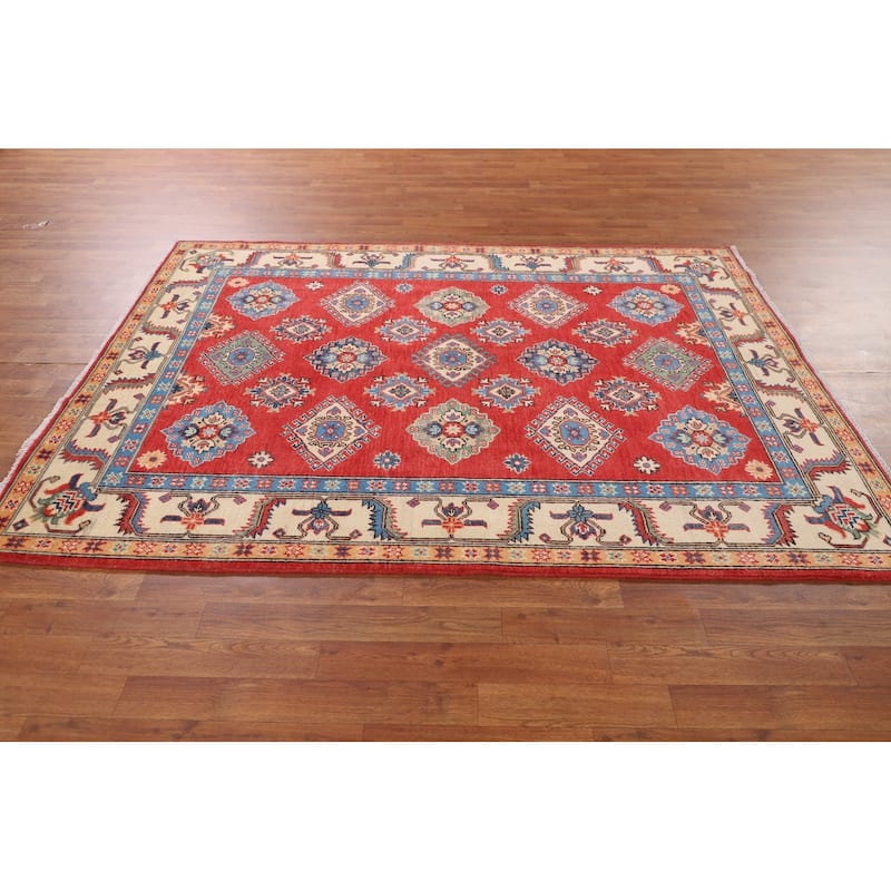 Geometric Kazak Rug Hand-Knotted Bedroom Wool Carpet - 5'2" x 7'0"
