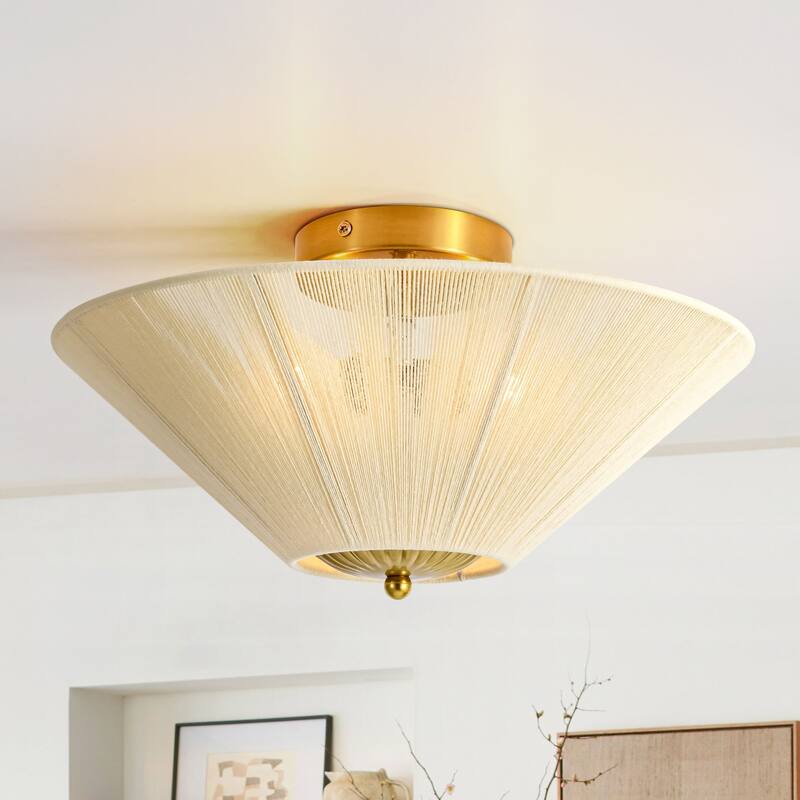 2-Light Modern Contempoary Beige Hand-Woven Shade Semi-Flush Mount Ceiling Light - 14.96 in. W x 7.87 in. H x 14.96 in. D - Beige/Gold - 14.96 in. W x 7.87 in. H x 14.96 in. D