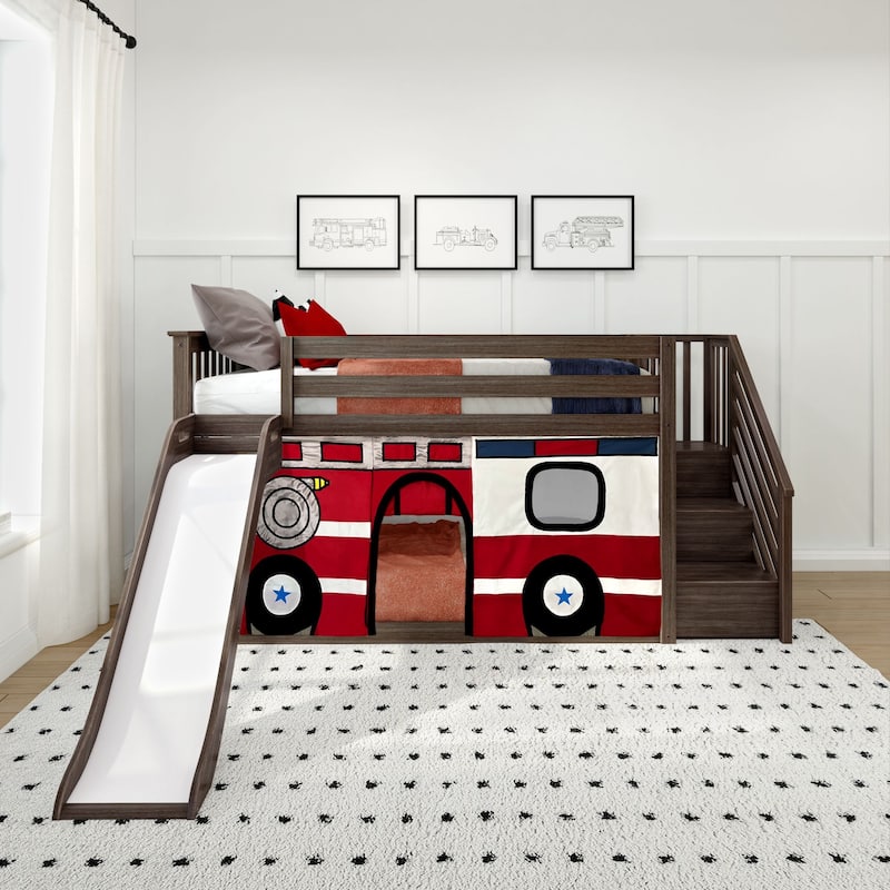 Max and Lily Classic Low Bunk with Stairs, Easy Slide and Curtain