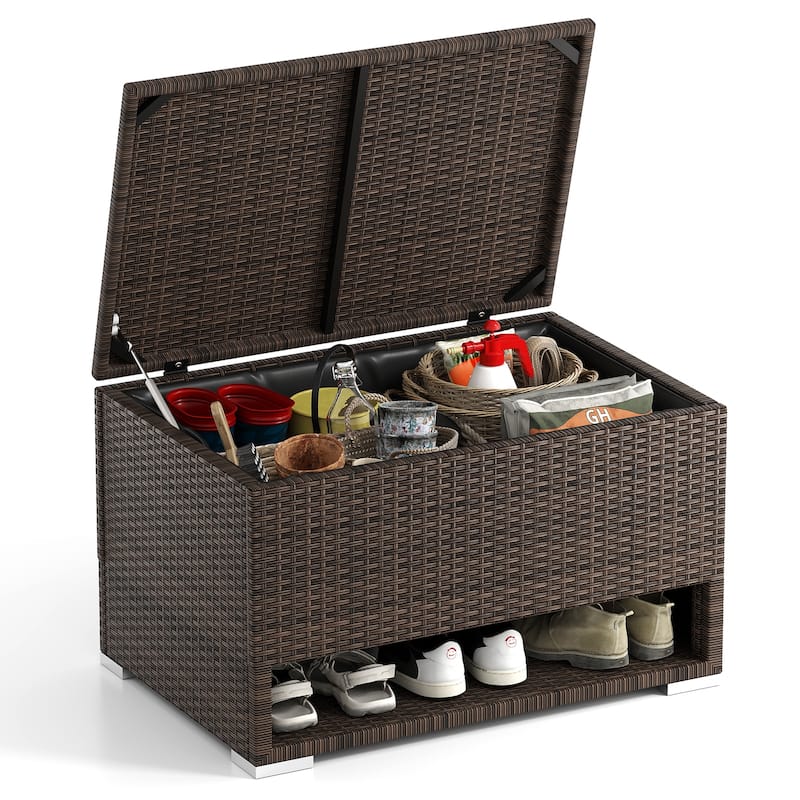 48 Gallon Brown PE Rattan Outdoor Storage Box with Lid and Waterproof Liner for Patio Cushions or Garden Tools - 38" × 24" × 23"
