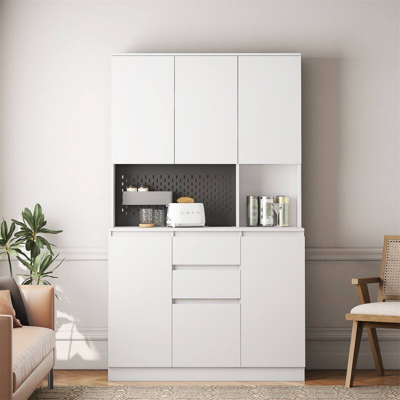 Kitchen Pantry Cabinet with Microwave Stand and 2 Drawers, Freestanding Buffet Cupboards Sideboard with Charging Station - White