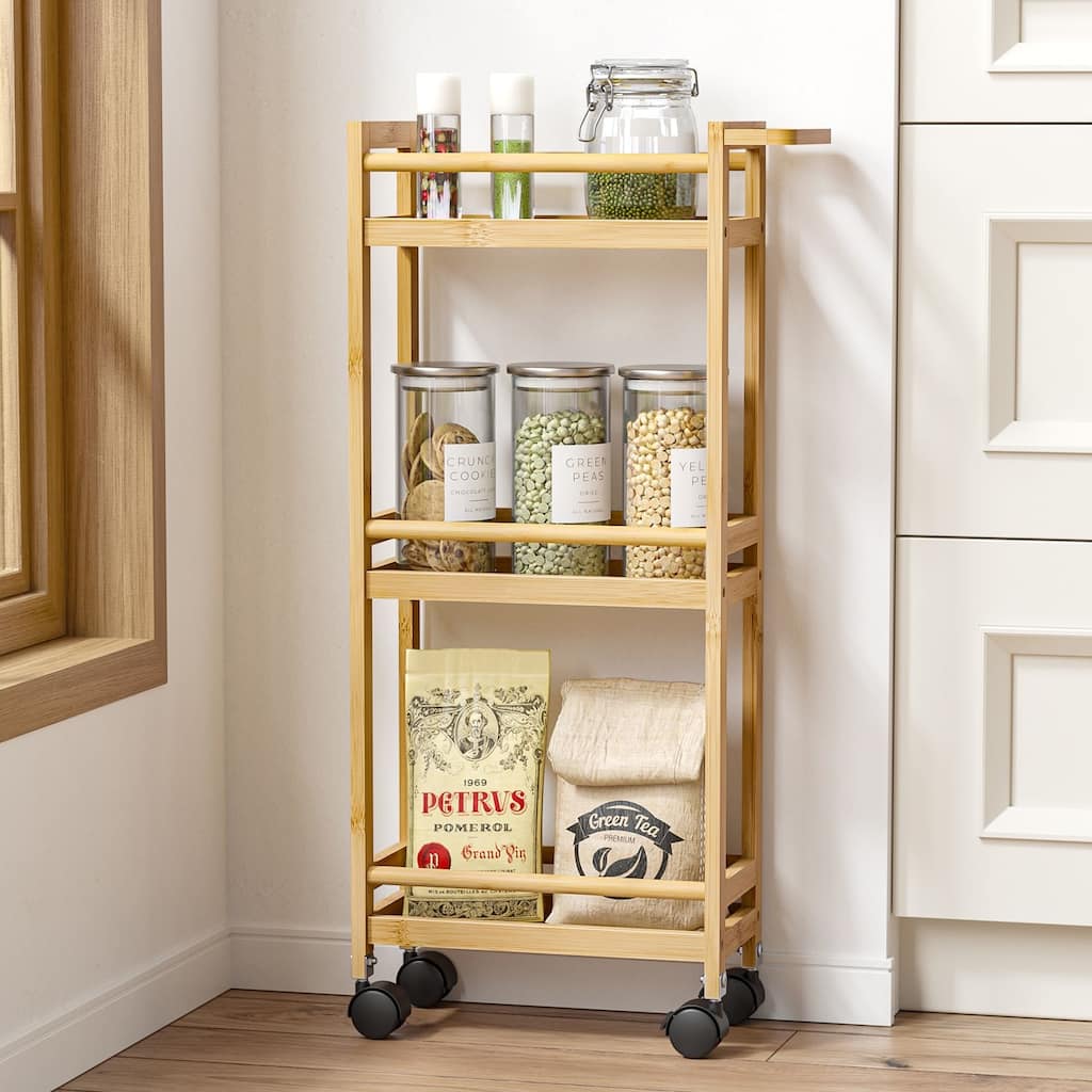 Anmytek 3-Tier Bamboo Kitchen Rolling Cart - Multi-Purpose Mobile Trolley with Lockable Wheels