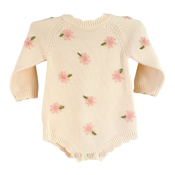 slide 1 of 1, Laurenza's Baby Girls Spring Ivory Floral Knit Romper