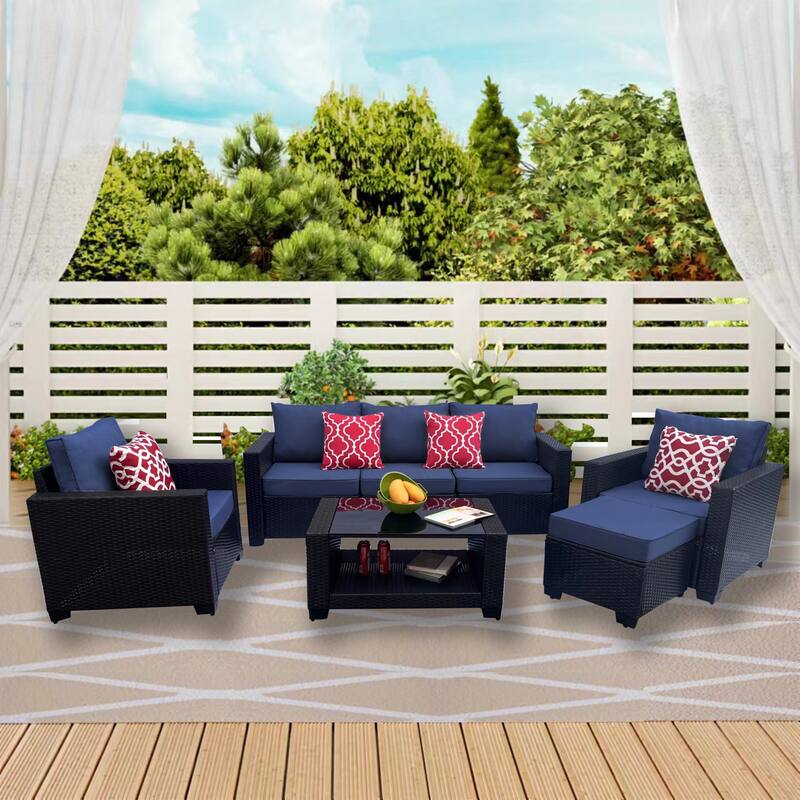 7 Piece Patio Furniture Set, Outdoor PE Rattan Wicker Sectional Sofa Set with 2 Sofa Chairs and Tempered Glass Table