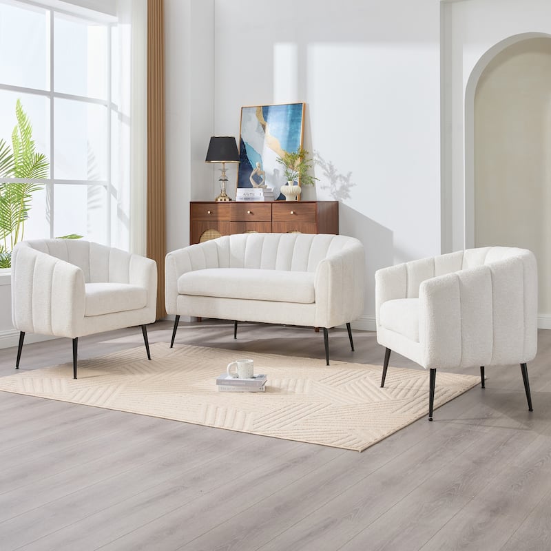 3-Piece Chenille Small Living Room Furniture Set with Metal Legs,Channel Tufted Sofa Conversation Set,Loveseat & 2 Accent Chair - Ivory