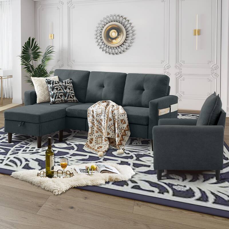 3 Pieces Living Room Set with Storage Ottoman
