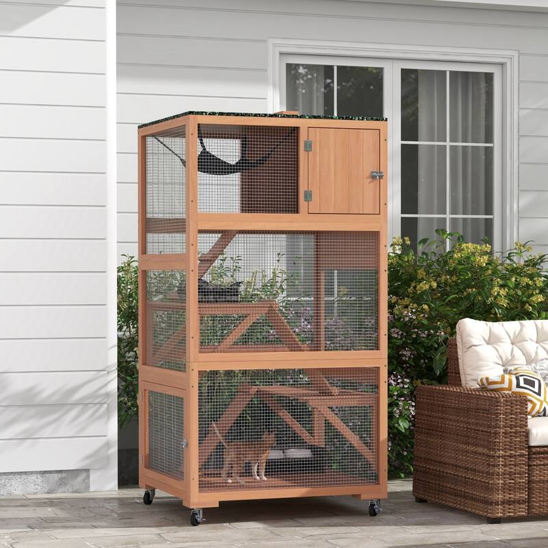 PawHut Catio, Outdoor Cat Enclosure House, Wooden Feral Cat Shelter on Wheels, Cat Cage with Hammock, Platforms Ramps