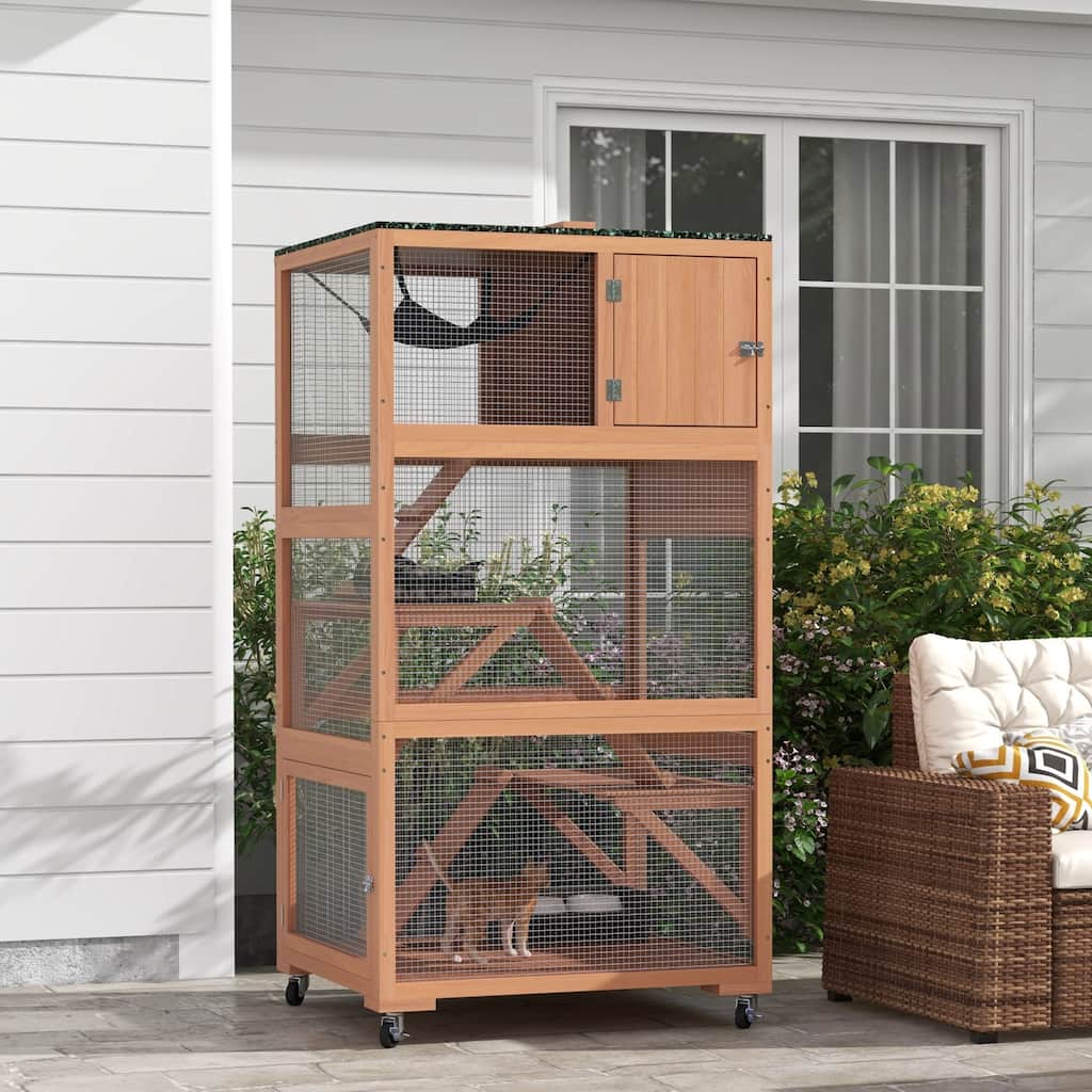 Orange-Green Fir Wood Cat Cage with Hammock, Ramps and Multi Platforms