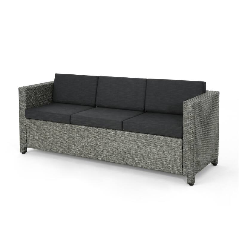 Roomfitters Outdoor Sofa with All-Weather Wicker, Removable Cushions, 3-Seater Patio Couch, Black+Grey