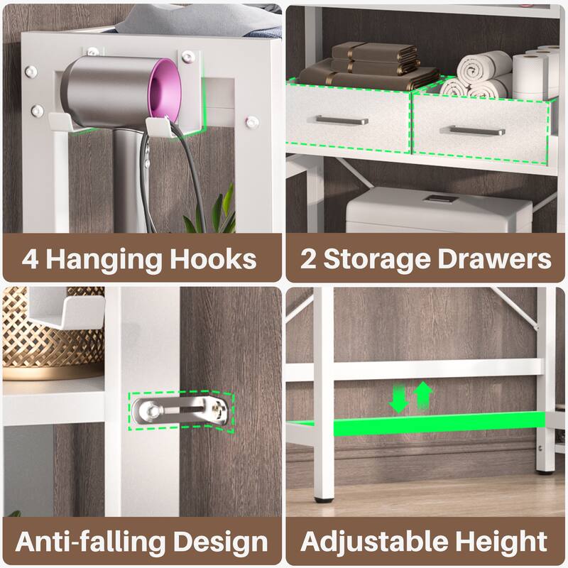 31'' W Over the Toilet Storage Shelf with 2 Drawers and 4 Hooks for Restroom and Laundry