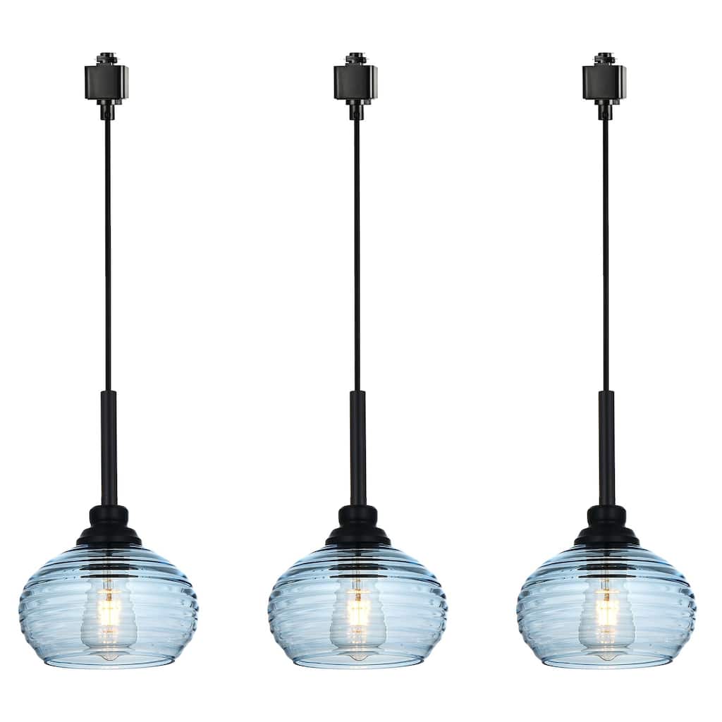 3-Light H-Type Track Pendant Light Fixture with Ripple Glass Shade, Decorative Track Lighting Fixture, Black, Track not Include