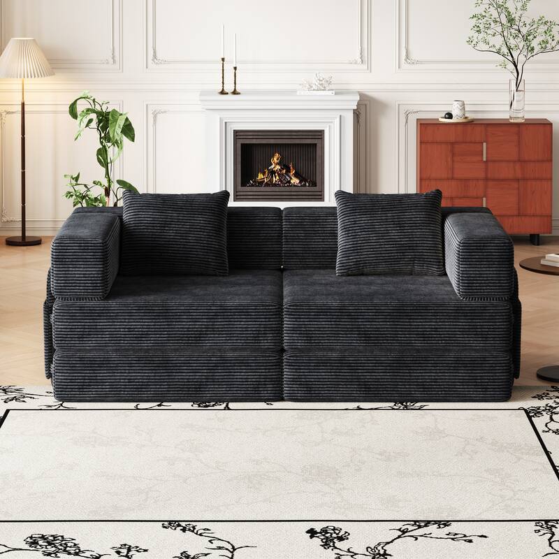 Folding Loveseat Sofa Convertible Sleeper Sofa Bed, Floor Standing Couch Bed Corduroy Floor Mats with Side Pockets and Pillows - Black