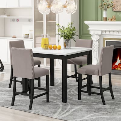5 Piece Dining Table Set, Counter Height Dining Table Set with Faux Marble Dining Table and 4 Upholstered Chairs