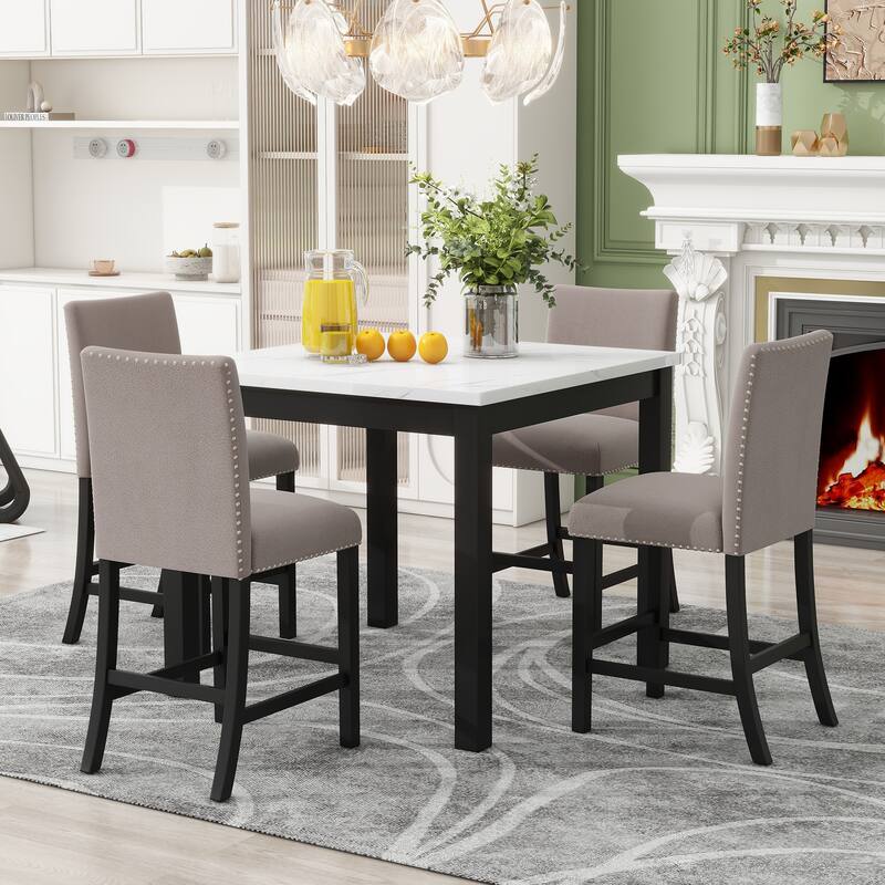 5-piece Counter Height Dining Table Set with 4 Velvet Upholstered Dining Chairs Faux Marble Desktop Square Dining Table