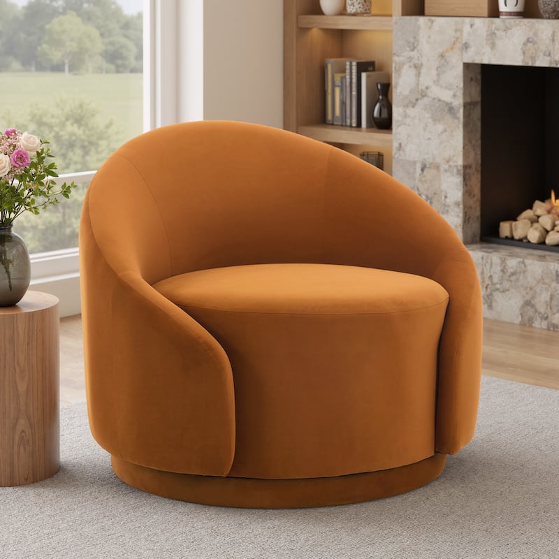 35" W Modern Upholstered Velvet/ Boucle Barrel Swivel Chair - 1-Piece - Orange/ Velvet