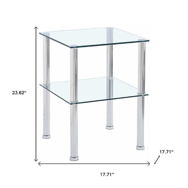 HomeRoots Set of Two Clear and Silver Glass and Metal Square End Tables With Shelf - 17.71 in. x 23.62 in. x 17.71 in.