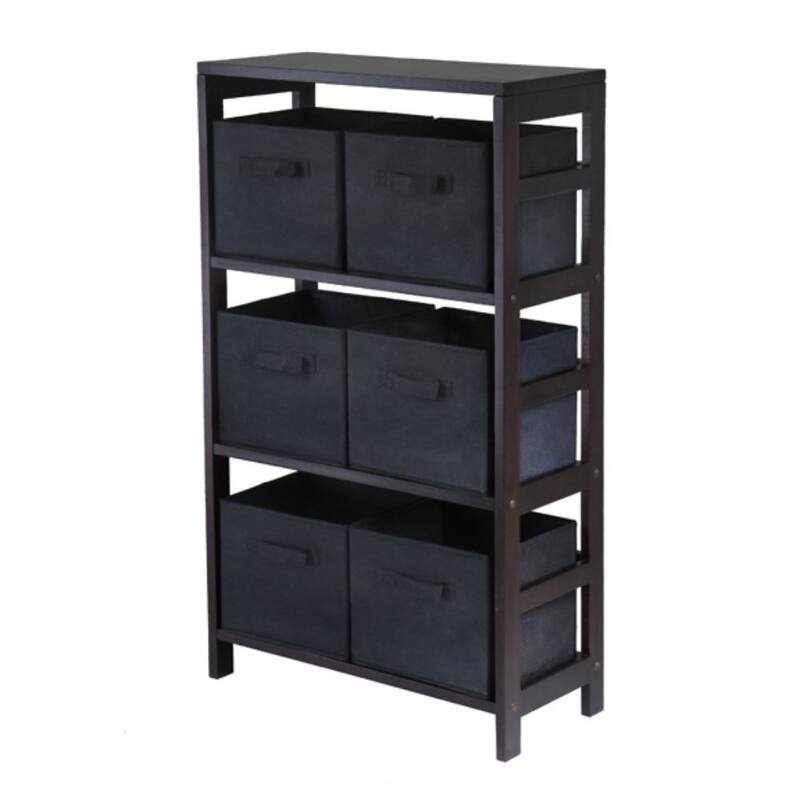 Capri 7-Pc Storage Shelf with 6 Foldable Fabric Baskets - 25.2 x 11.22 x 42 inches - Espresso and Black