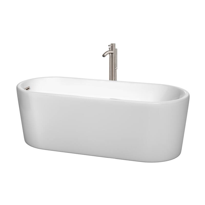 Wyndham Collection Ursula 67" Freestanding Soaking Tub with Tub Filler - White / Brushed Nickel Trim
