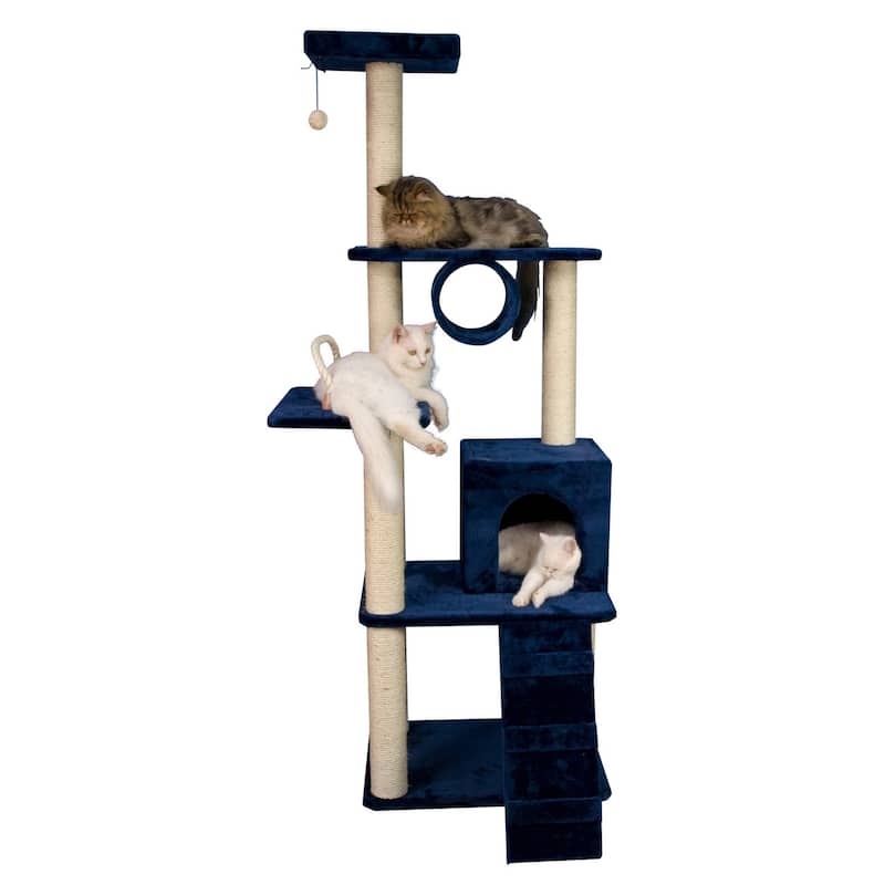 71" Navy Real Wood Cat Climbing Tower, Cat Scratching Furniture