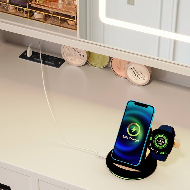 41.3" Makeup Vanity with Sliding Mirror and LED Lights, Dressing Table with Storage Stool, 3 Drawers and 2 RGB Cabinets