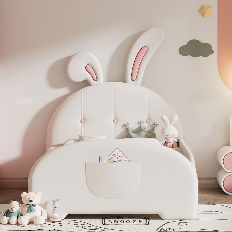 Upholstered Rabbit-Shape Princess Bed ,Platform Bed with Headboard and Footboard