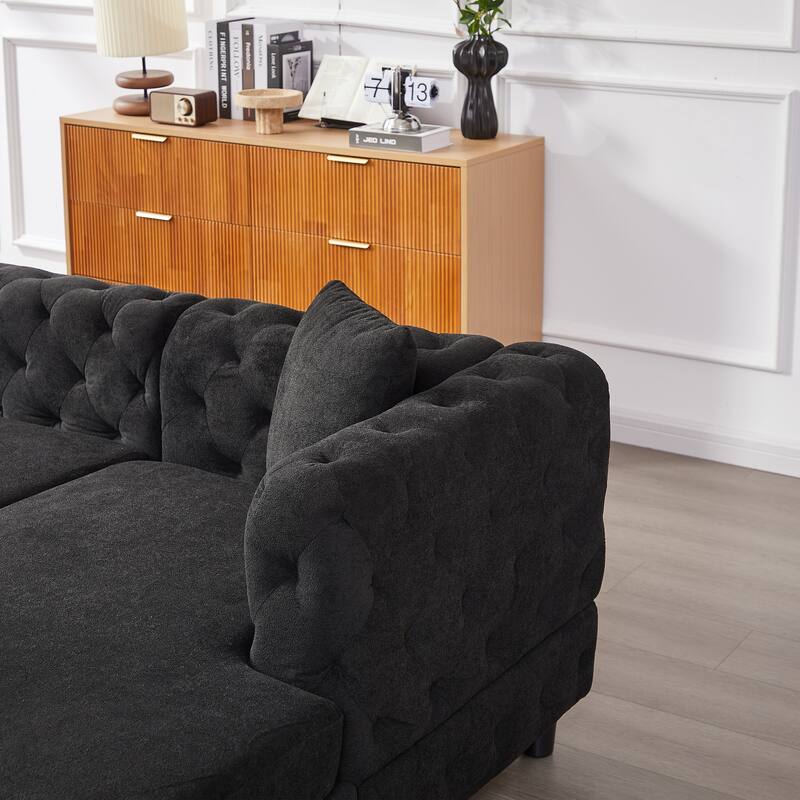 U-Shaped Chenille Sofa with Two Chaise Longue Seats and Pillows.