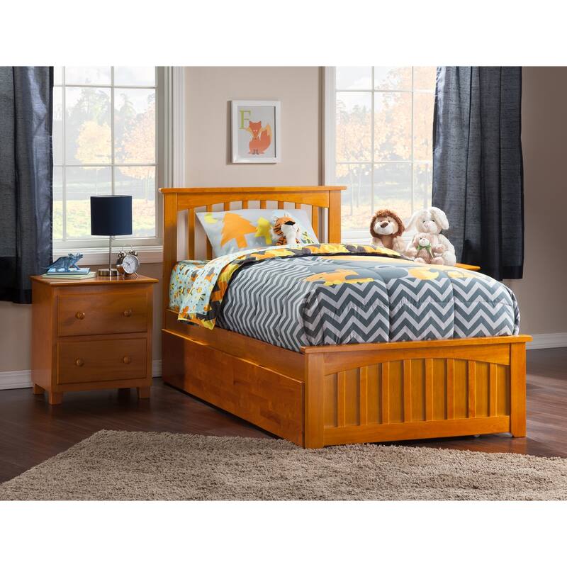 Mission Wood Platform Bed with Matching Footboard and Twin XL Trundle