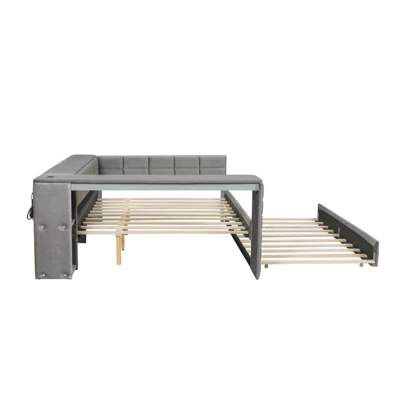 Roomfitters Full Size Upholstered Platform Bed with Built-in Desk, Storage Shelves, Charging Station and Pull-Out Trundle