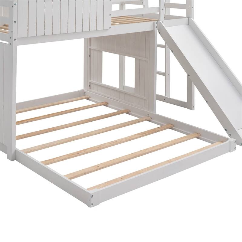 Merax Wooden Twin over Full Bunk Bed with Playhouse, Farmhouse, Ladder, Slide and Guardrails