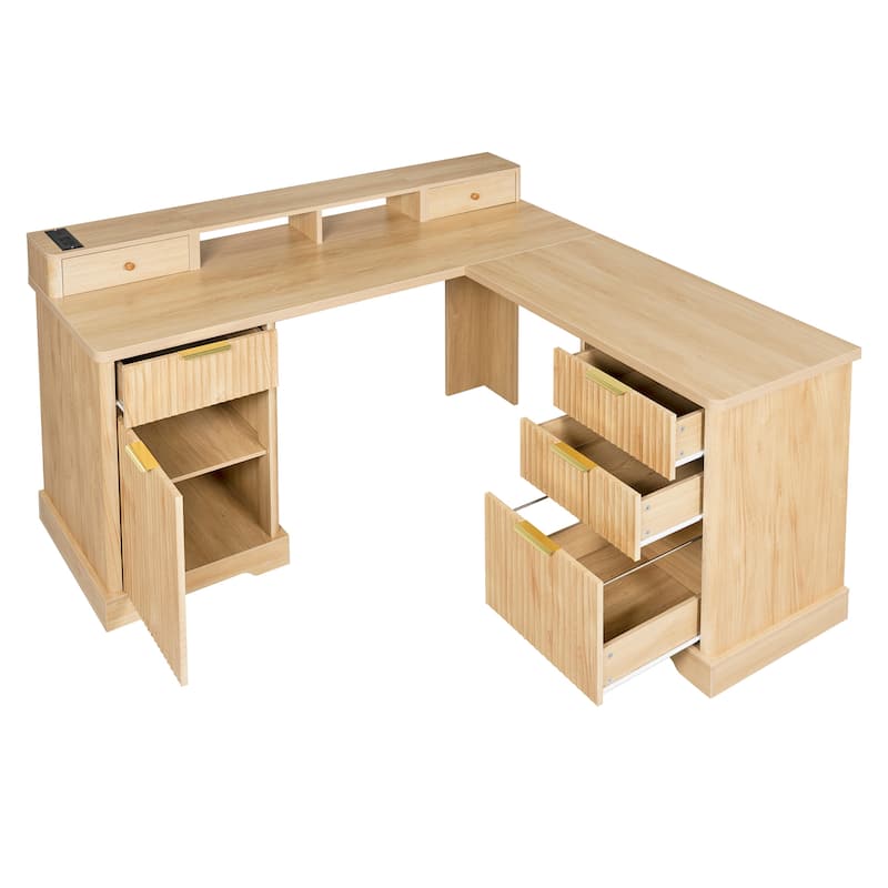 Executive L Shaped Desk Home Office Desk with Charging Station, Corner Computer Desk with Monitor Stand, Drawer, Storage Cabinet