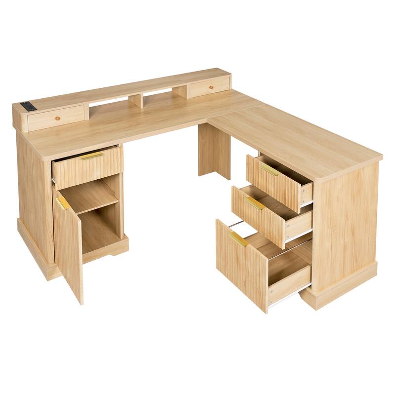 Roomfitters 59" Modern Fluted L-Shaped Desk with Charging Station, Monitor Stand & File Drawer