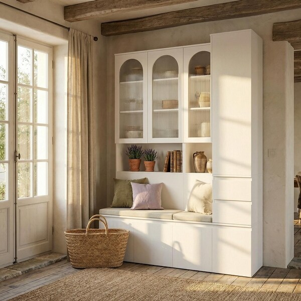 Closet Entryway Storage Bench with Cabinet, White Hall Tree